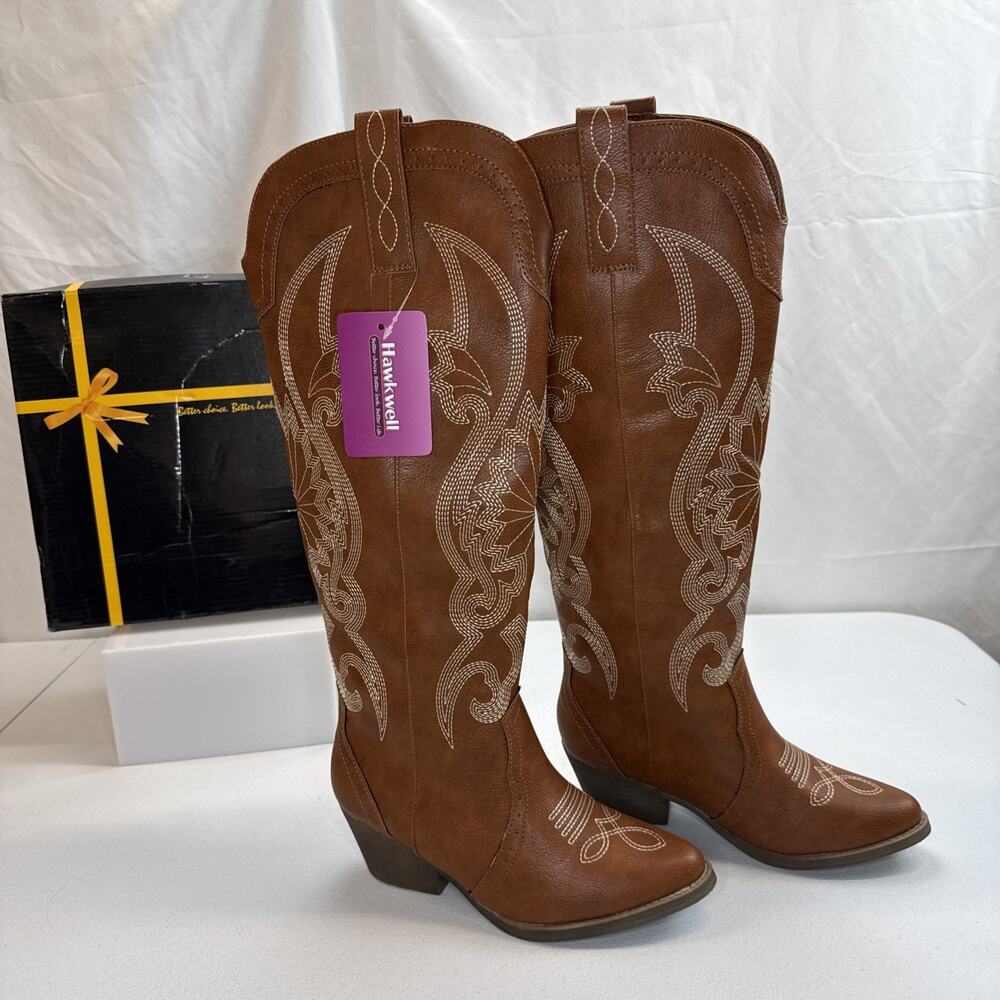 Hawkwell Womens Cowboy Cowgirl Boots Brown Embroidered Western Mid Calf Size 6